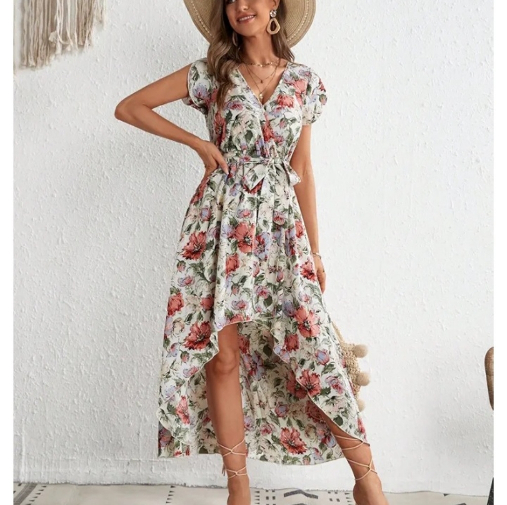 Shein • Women's Floral A-Line High-Low Belted Dress